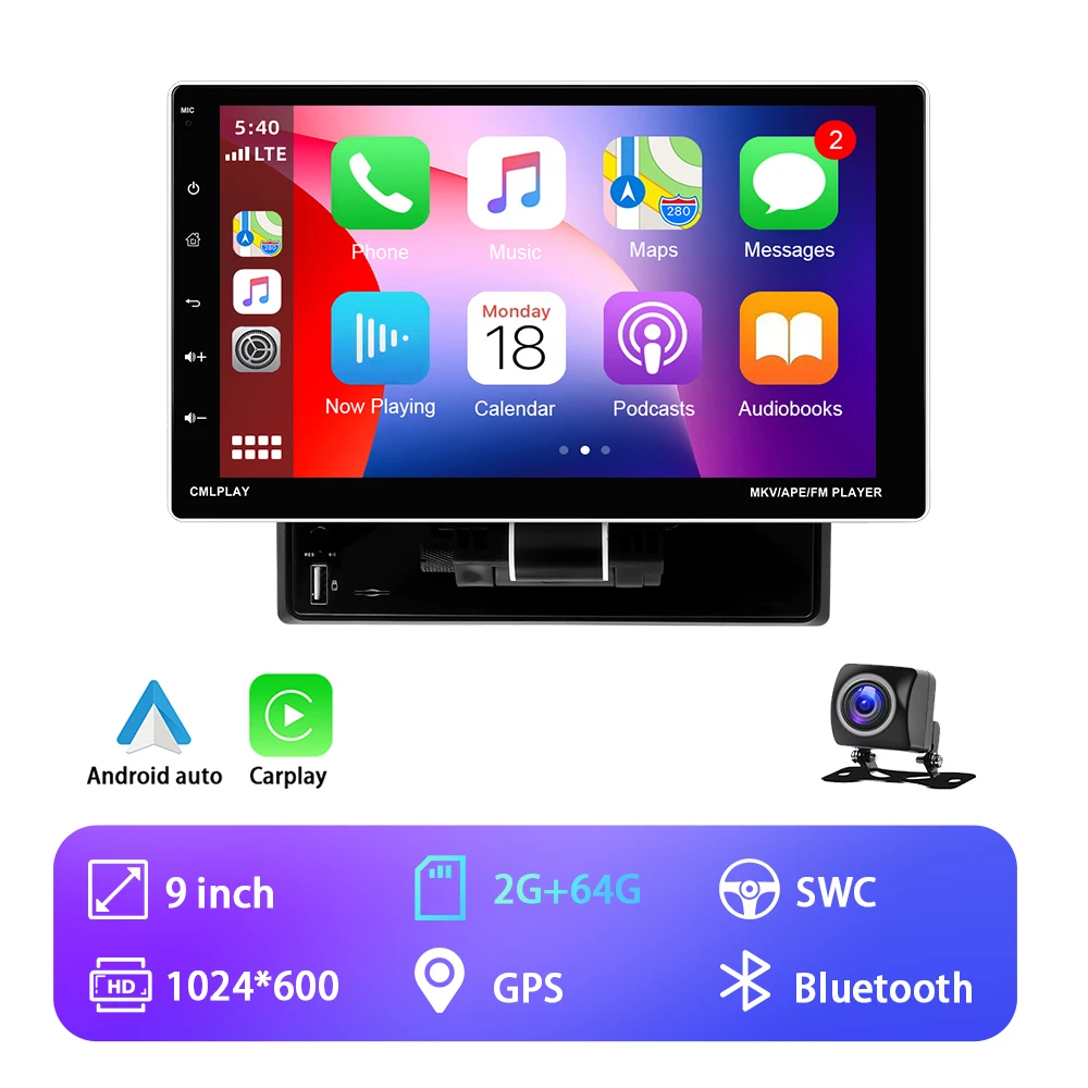 Autoradio 1 DIN Con Schermo Touch 9 Pollici - Wireless CarPlay E Android Auto, Bluetooth, Telecamera Retro