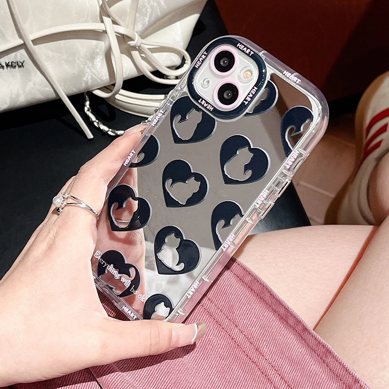 Cat Love Heart Silver Mirror iPhone Case