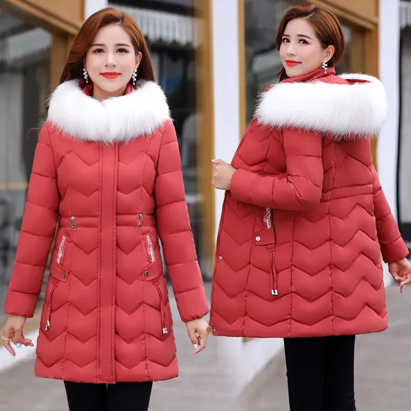 

Down Cotton Jackets Long Womens 2022 Autumn Winter New Fashion Casual Cotton Coats Women Hooded Fur Collar Plus Size Warm Parkas