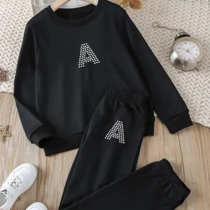 

2023 Women Outfit Rhinestones Letter Print Loose 2 Two Piece Set Streetwear Tracksuit Sweatshirt +Joggers Pants Femme Sweatshirt