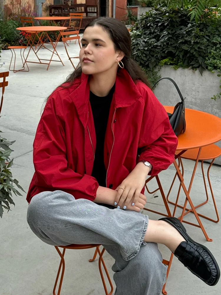 Y2K ターン ダウンカラー ジッパー コート シック レッド 長袖