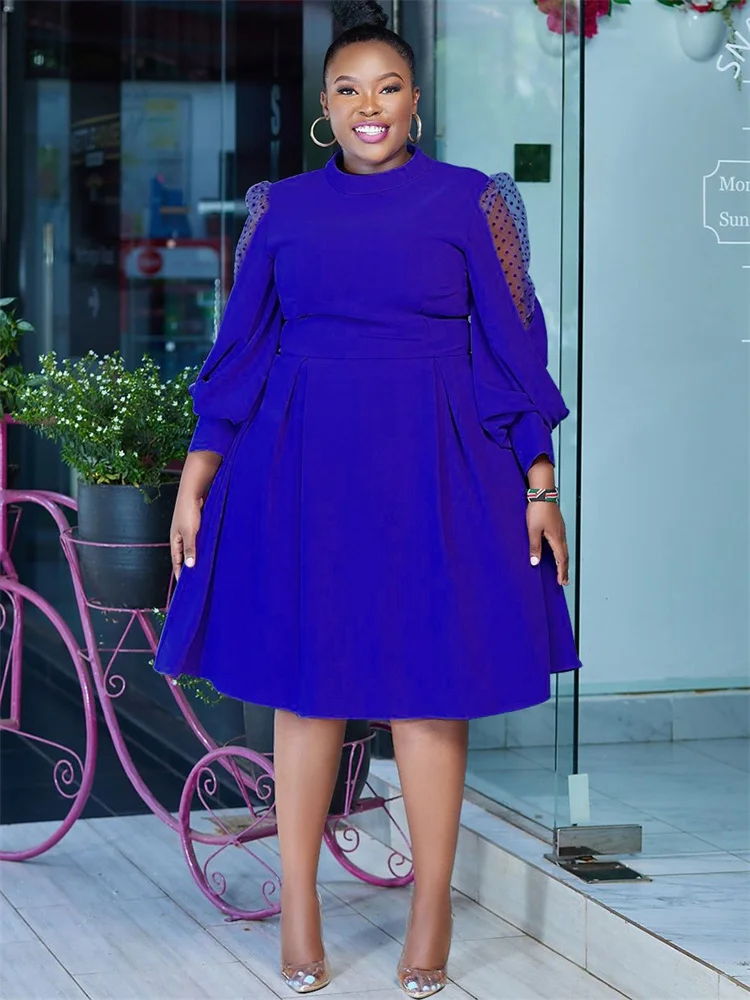 Wmstar Plus Size Dresses Women Solid Casual Mesh Long Sleeve Midi Dress Elegant Streetwear Party Dress Wholesale Dropshipping