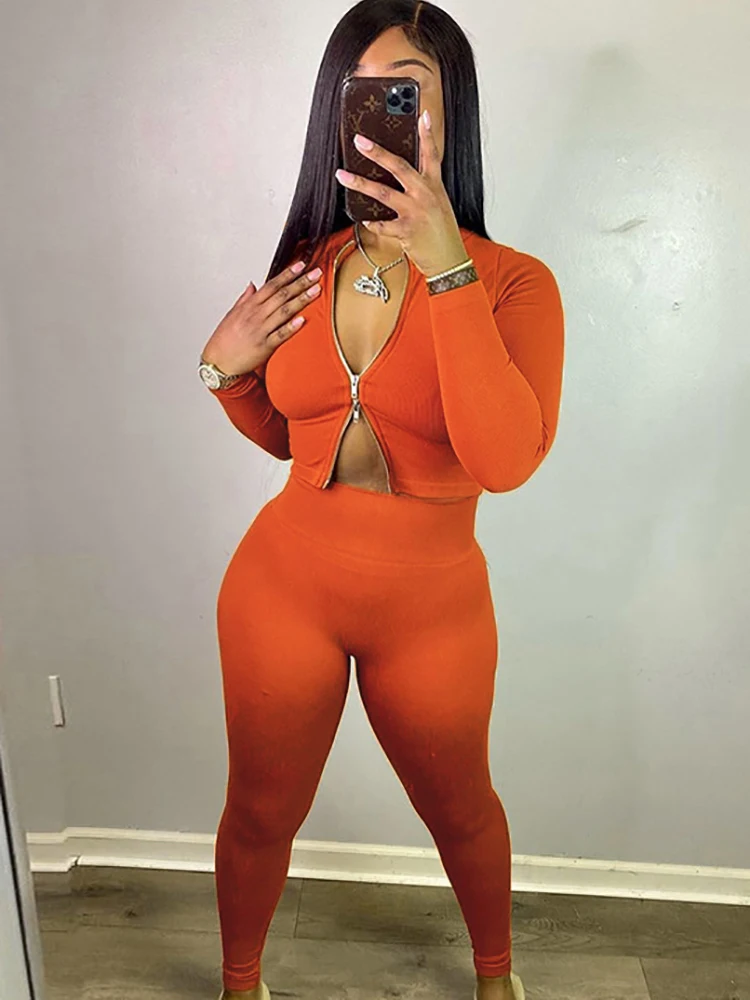 Yiallen Autumn Solid Simple Two Piece Set Women Slim Casual Sporty Long Sleeve Zipper Top+Body-Shaping Female Activewear Outfit - Image 5