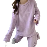 Ensemble de vêtements de nuit en flanelle épaisse, vêtements chauds pour la maison, vêtements d'extérieur pour femmes, deux pièces, robe de nuit, pyjama confortable, automne-hiver 5