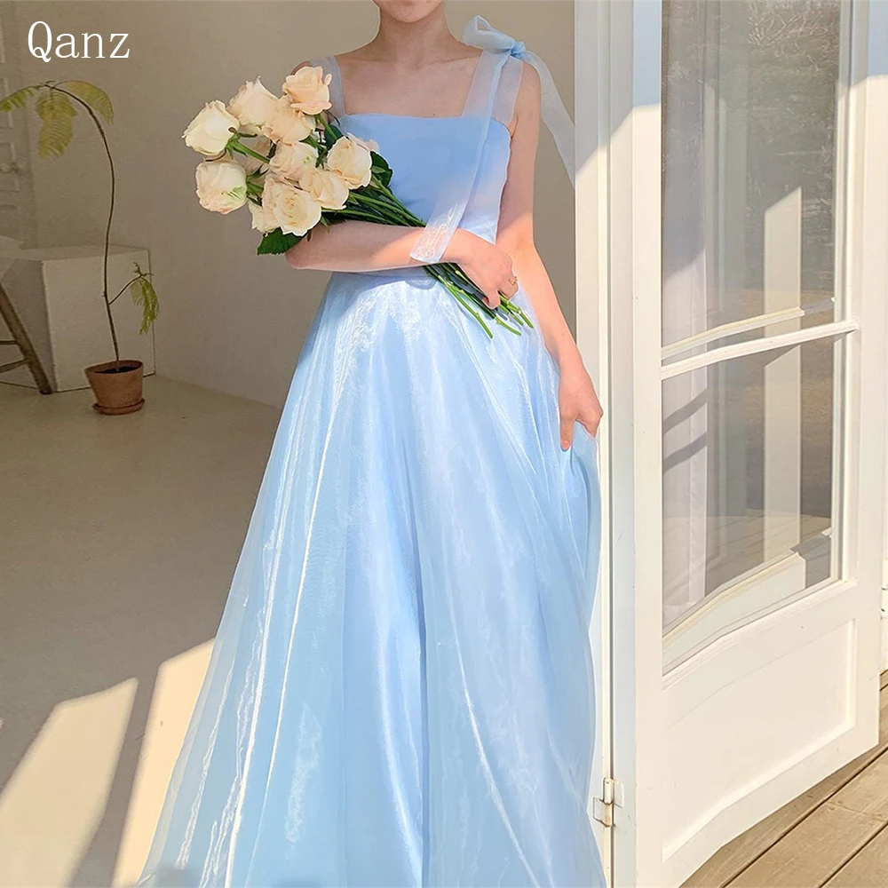 

Qanz Sky Blue Evening Dresses Organza Bow Straps Long A Line Elegant Korea Lady Party Dresses Dresses For Special Events 2023