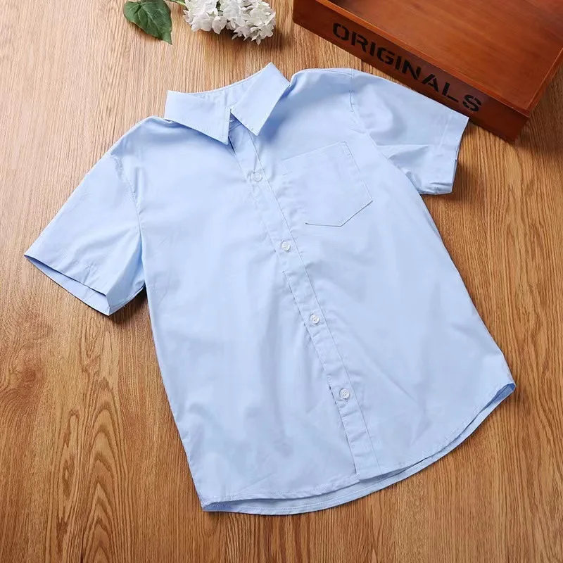 Summer Shirts for Teenage Boys Girls Cotton Short Sleeve White Blouses School Uniform Girls Puff Sleeve Blue Tops 4 8 12 16Year