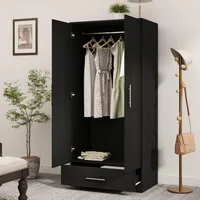 2 Doors Wardrobe Armoire with Drawer, Freestanding Armoire Wardrobe Closet with Hanging Rod, Wood Clothes Storage Cabinet 1
