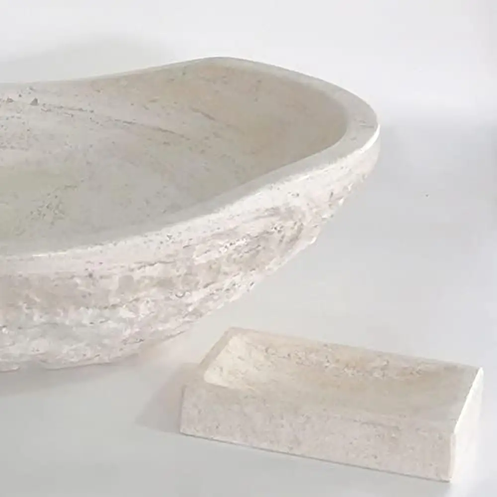 Natural Travertine Chiseled Oval Canoe Vessel Sink Hand Carved Real Stone Free Soap Tray Rustic Elegance Bathroom Upgrade 6