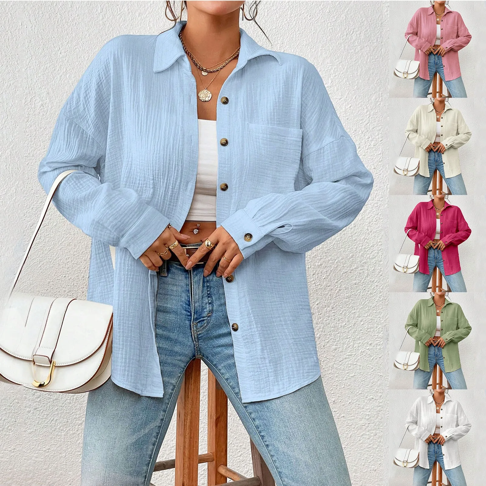 

Блузка женская однотонная на пуговицах, Модный Топ с длинным рукавом, с карманами и заплатками, Повседневная рубашка с лацканами, праздничная Рабочая одежда