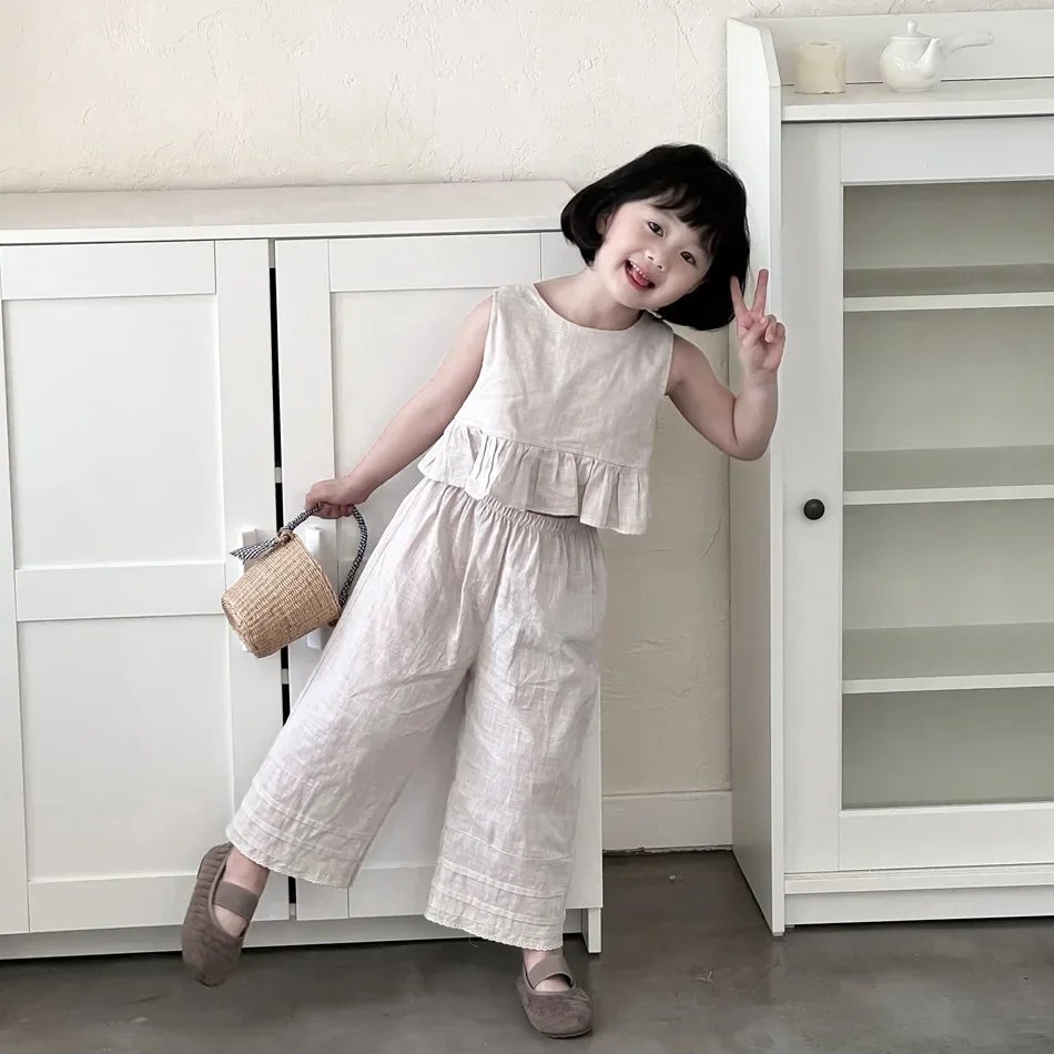 

Детский комплект из двух предметов, жилет с бантом на спине и брюки с широкими штанинами, одежда с эластичным поясом для девочек, 2024