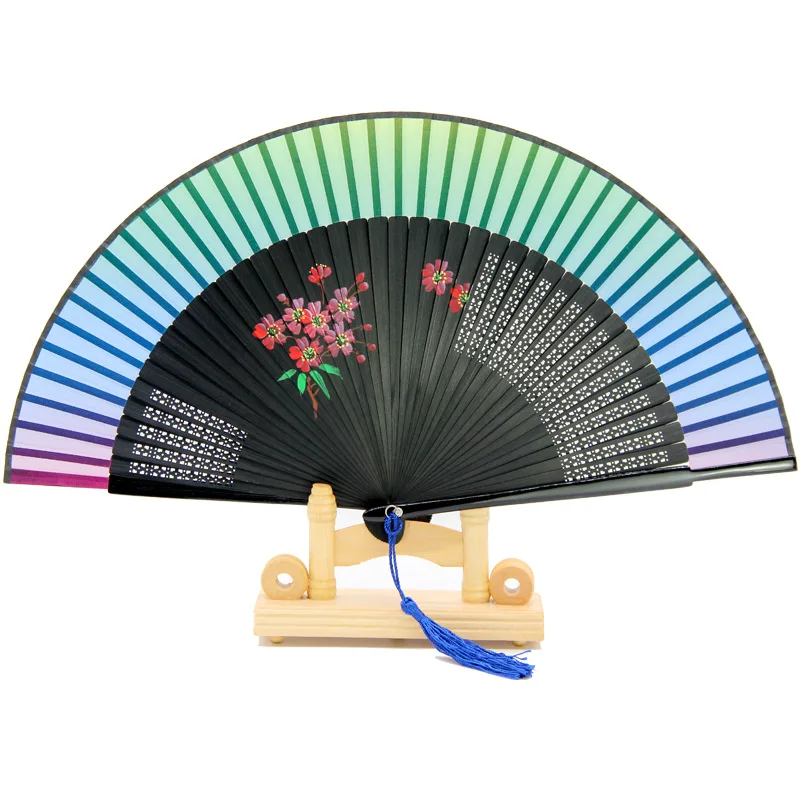 

7 Inch Green Bamboo Hollow Painted Folding Inkjet Fan Female Rainbow Fan