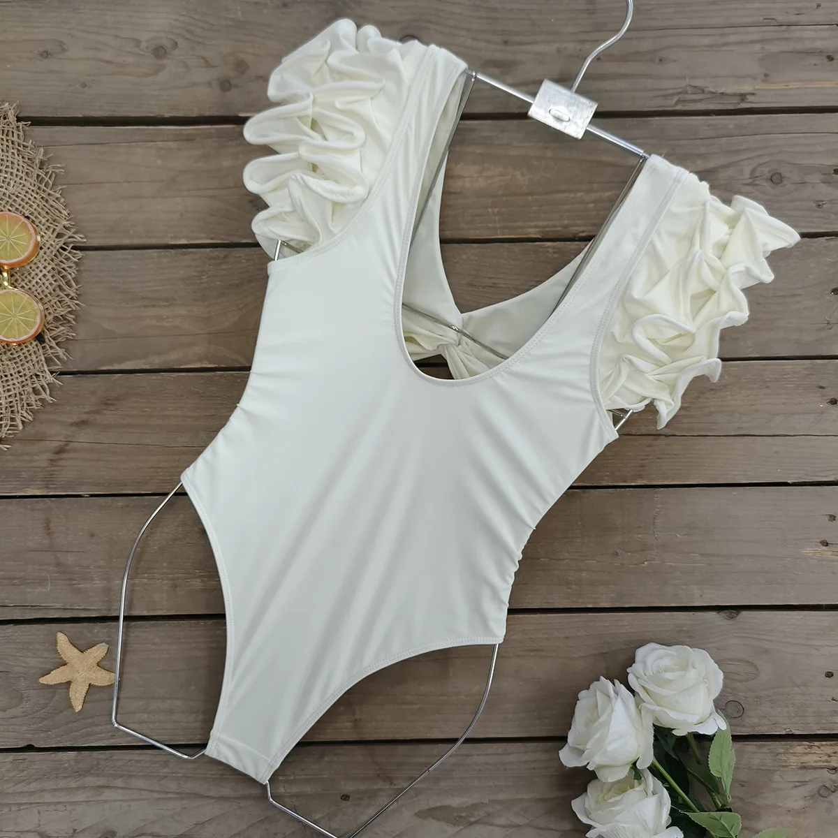 Women's Solid Color Swimwear Hollow Double-layer Ruffled Sexy Backless Swimsuit One-piece Swimsuit Bikini Summer Beach Wear