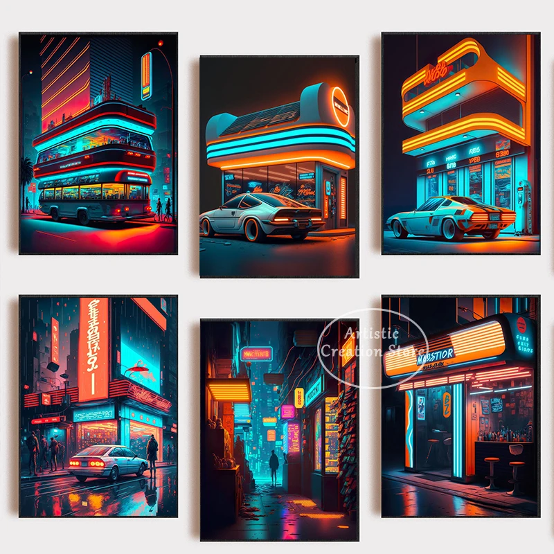 New York Cyber Street Poster Punk City Barber Shop Night View Of Urban Architecture Stampe Canvas Painting Wall Home Decor Gifts