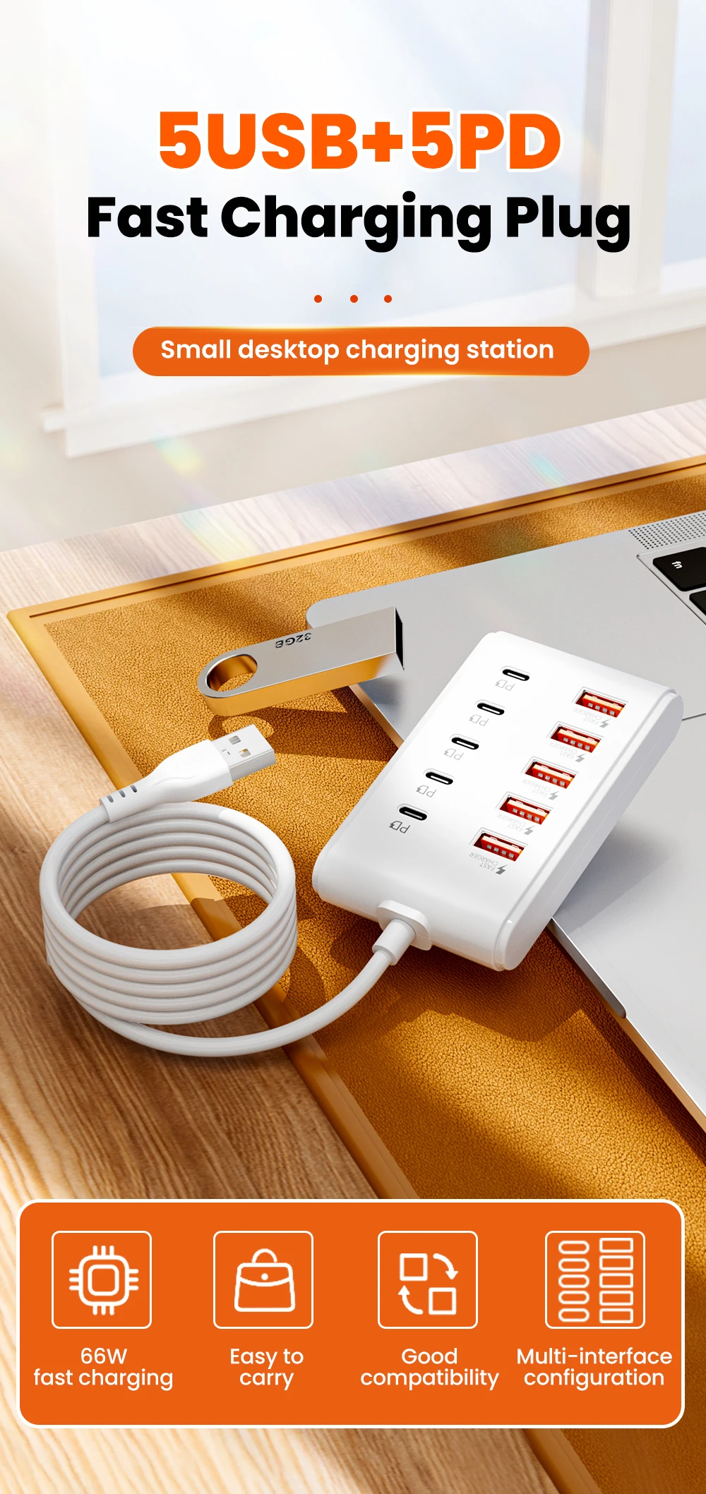 10 Ports USB Charger 5USB+5PD Power Strip Multi Port Type C Wall Charger With 1M Cable For iPhone Samsung Xiaomi QC3.0 Adapter