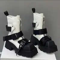 2025 Women Top Layer Cowhide Female Square Toe Western Front Zipper Color Matching Thick Bottom Belt Buckle Booties Chelsea - Image 3