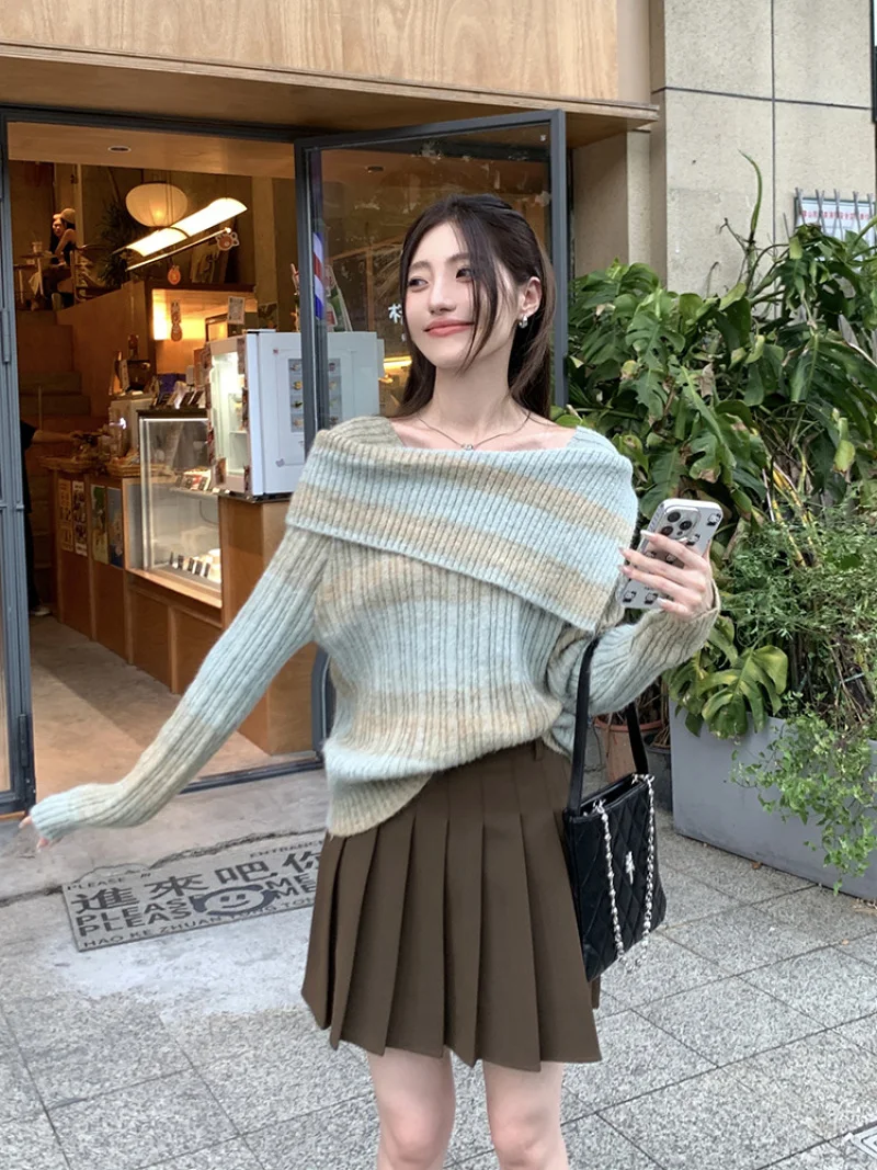 

Simple Gradient Color Knitted Sweater 2023 Autumn New Slim Oblique Collar Strapless Pullover Knitted Sweater Elegant Women Tops