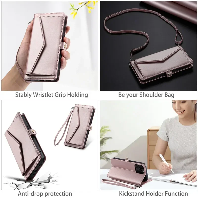 Premium Flip Leather Phone Wallet with Long Lanyard - Card Holder Case Cover