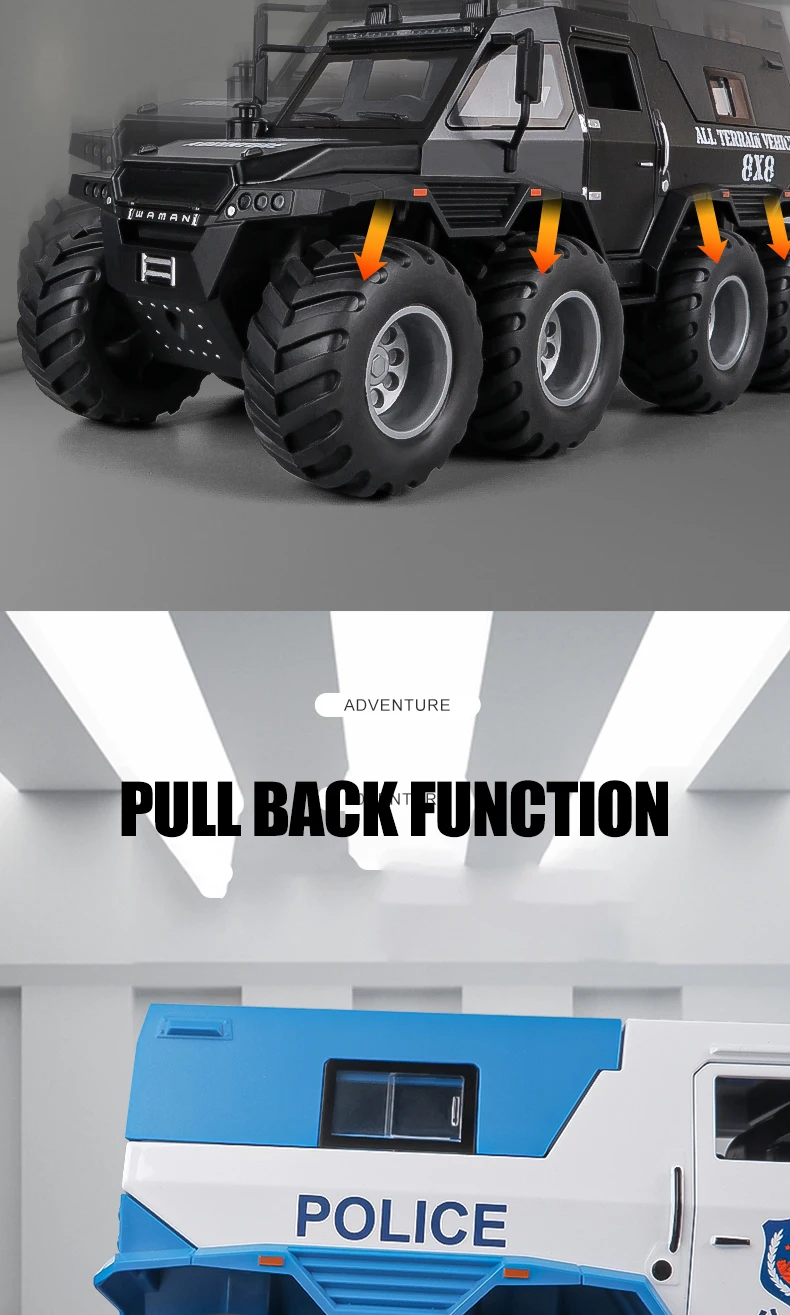 1:24 Scale 8X8 Diecast Avtoros Shaman Alloy Armored Model Car Diecast Toy Sound And Light Swat Car