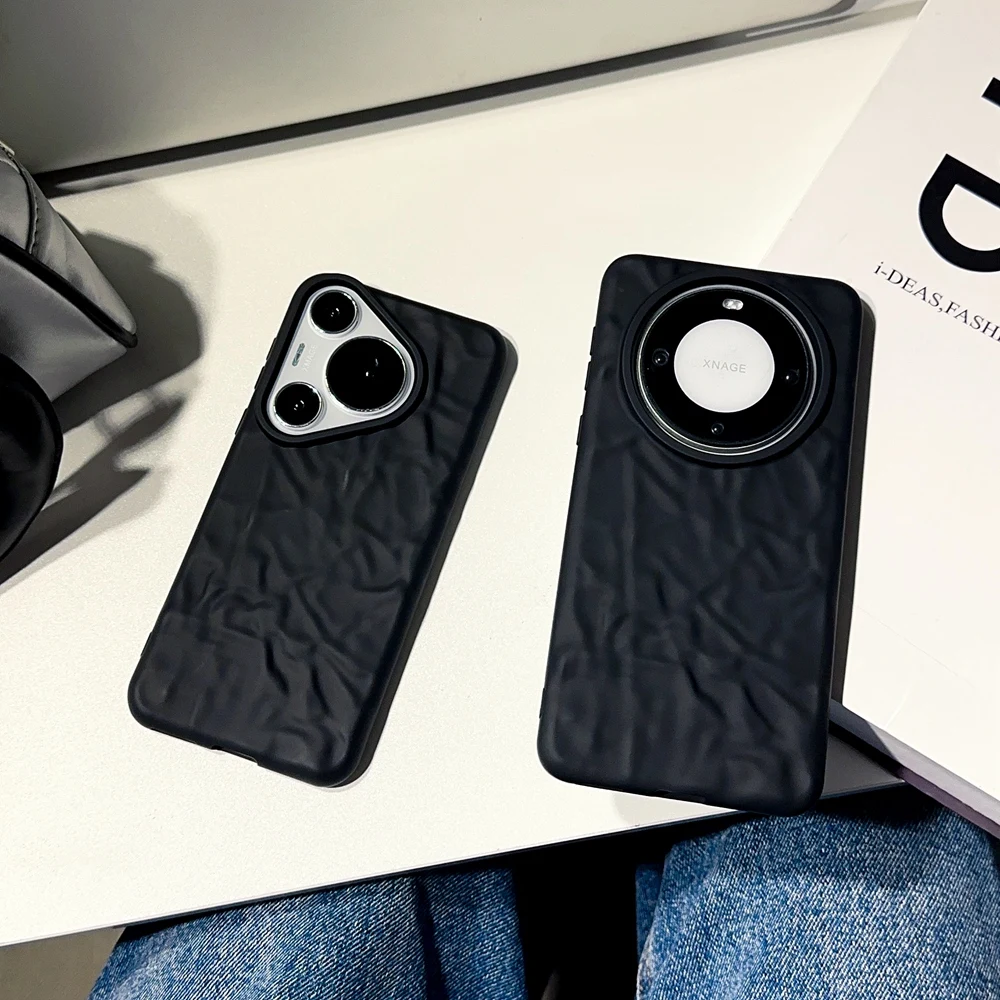 Coque de téléphone à plis 3D noir mat pour Huawei P40 P50 P60 Mate 30 40 50 60 Pro Pura 70 Pro Ultra Honor 50 Soft Cover_voghion.com