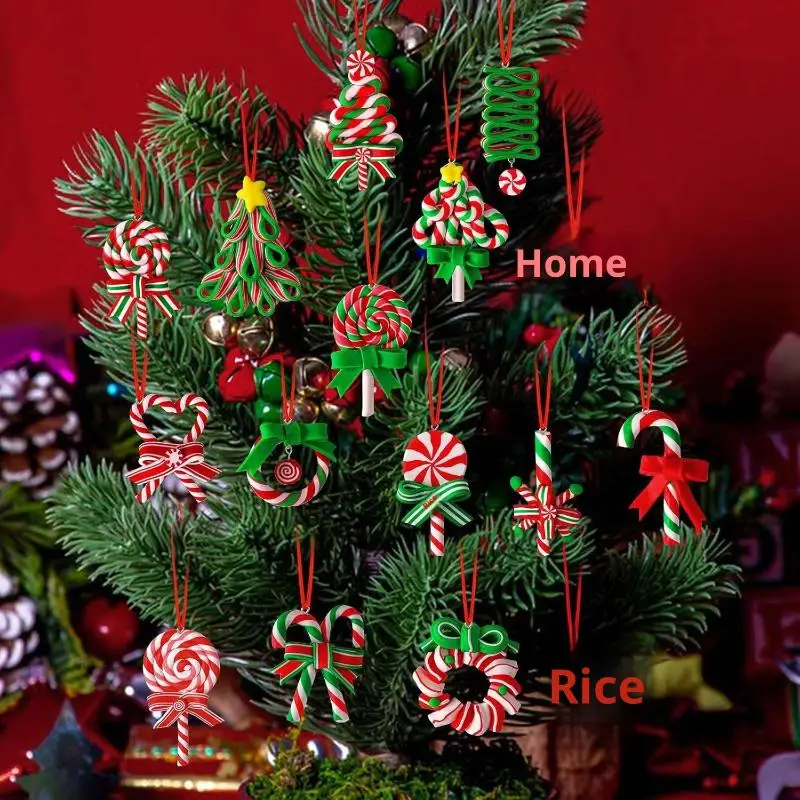 16pcs Christmas Lollipop Ornaments Colorful Wood Candy Cane Hanging Decoration Peppermint Pendants For Xmas Tree