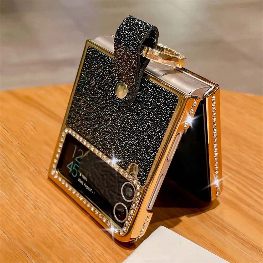 Luxury Plating Diamond Round Ring Leather Phone Case - Glitter Shine Shockproof Cover