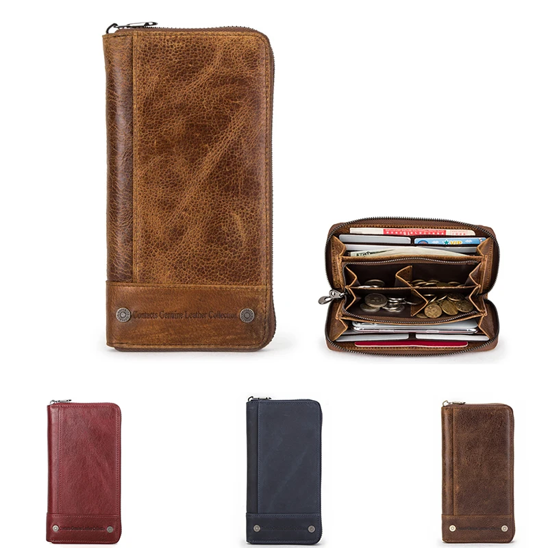 

Men's Wallet Retro Phone Money Bags Crazy Horse Genuine Leather RFID Anti-theft Brush Long Credit Card Holder Zipper Coin Purses