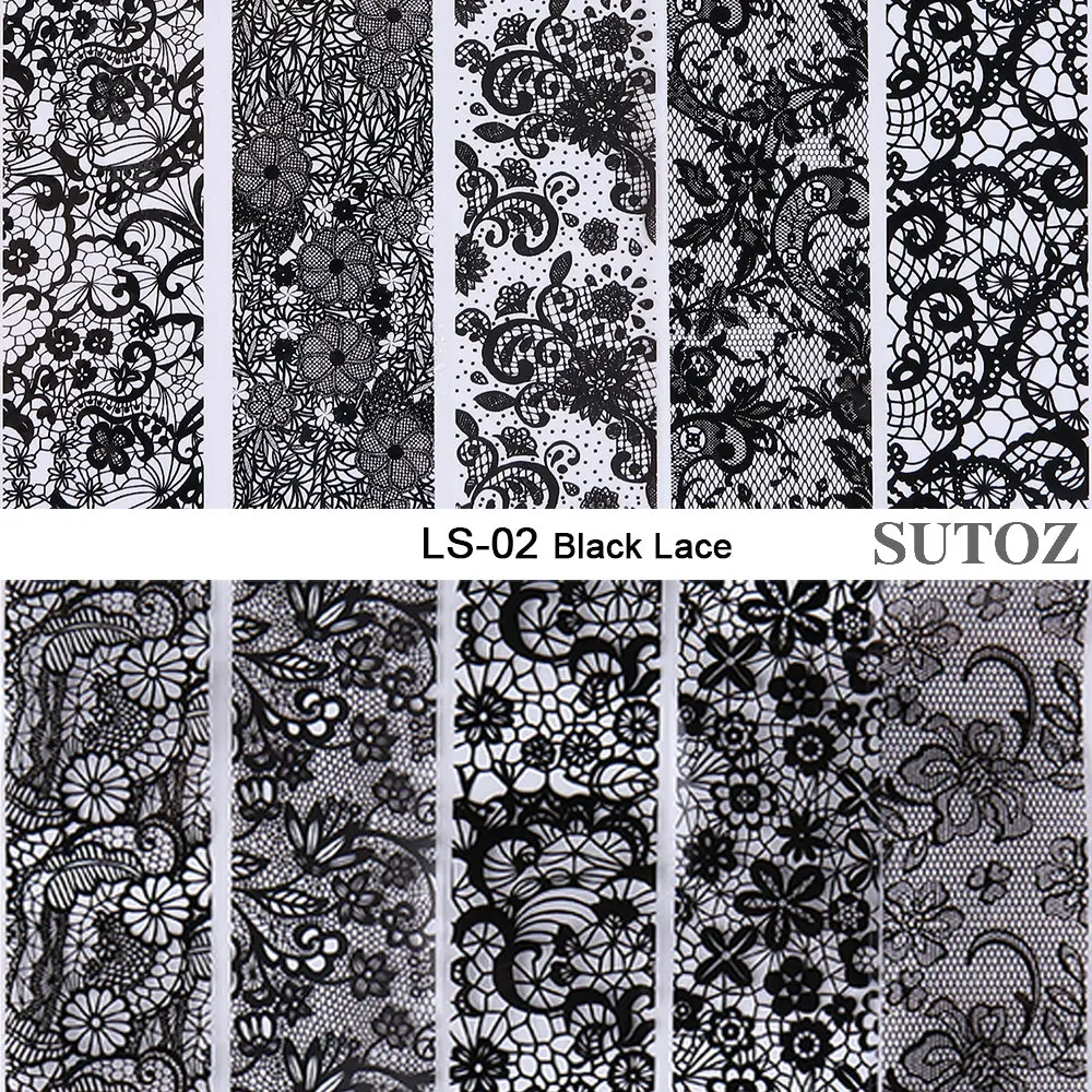 10pcs Black White Lace Nail Stickers Floral Transfer Holographic French Flowers Decals Art Manicure Decoration NLLS-01