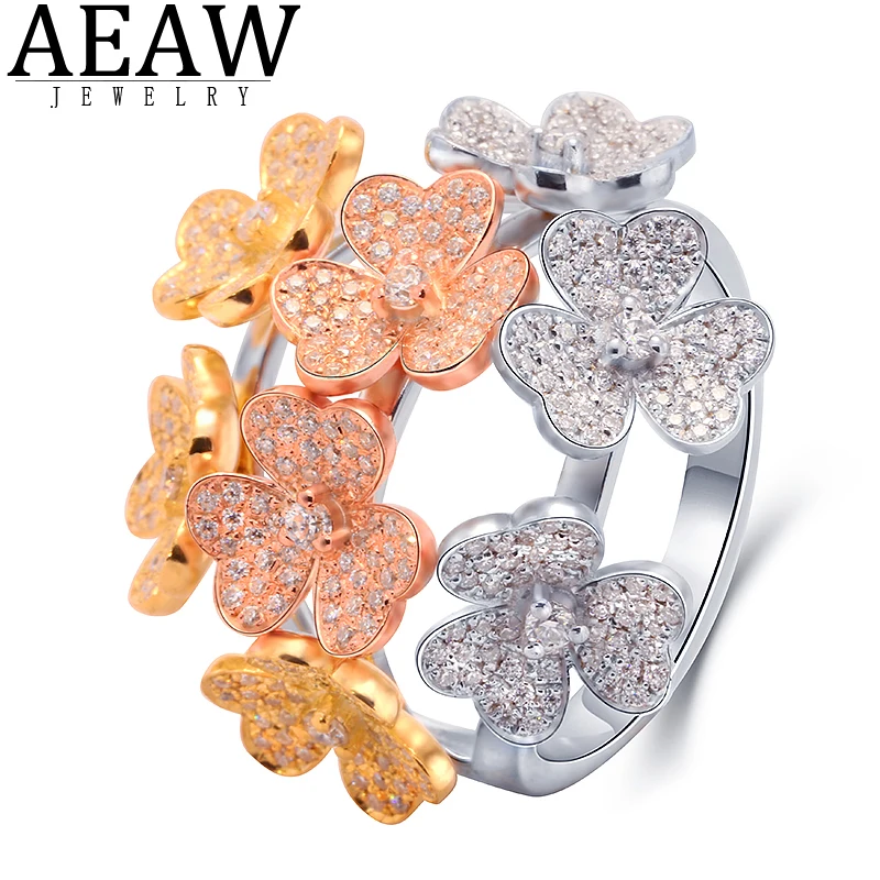 

Tri-color Flower Ring Moissanite Engagement Wedding Ring for Women Girl Halo Style New Fashion Handmade Fine Jewelry 14K Gold