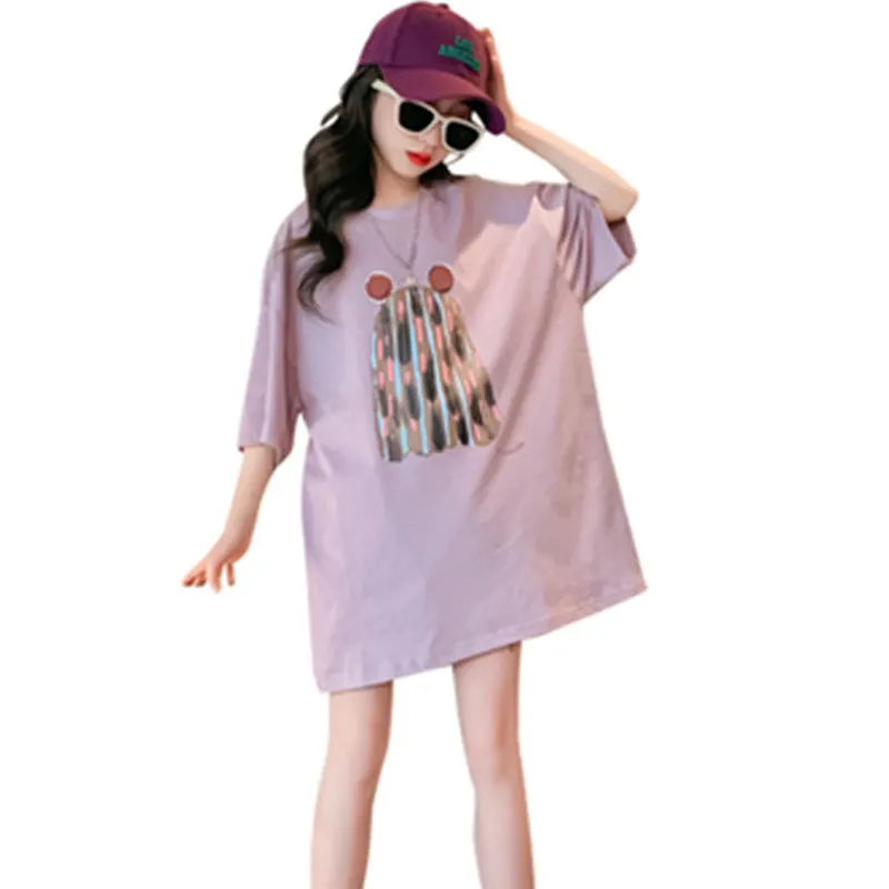 

Summer Kids Girls Long Style Tops Cartoon Print Short Sleeve Cotton T Shirts 8 10 12Years Teenage Girl Outfit Tees Dress Clothes