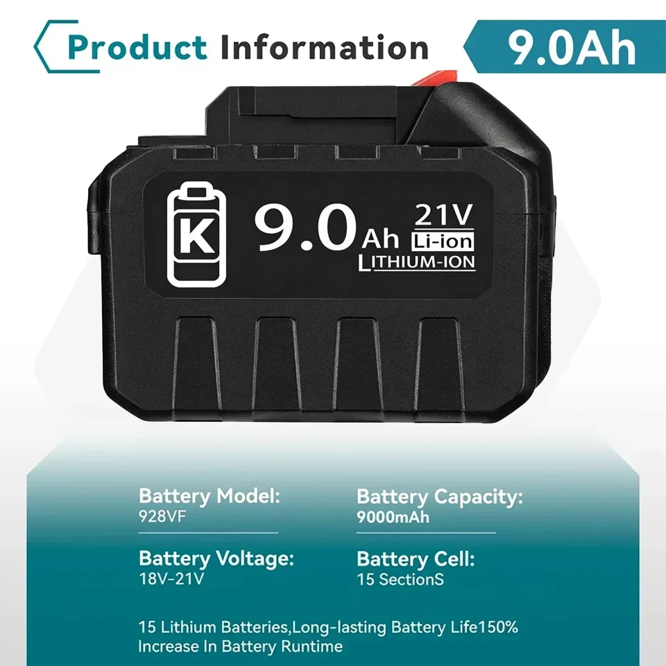 18V 21V MAX 9.0Ah Li-ion Replacement Battery for Makita BL1830 BL1840 BL1850 BL1