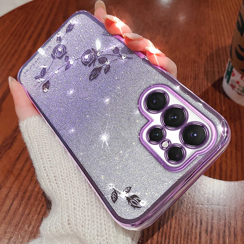 Luxury Bling Glitter Rose Flower Case For Samsung Galaxy S23 S22 S21 S20 Plus FE Note 20 Ultra Plating Shockproof Soft Cover_voghion.com