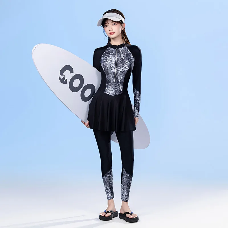 

Women 2/3Pcs WaterProof Long Sleeve Sports Beach Surfing Rash Guard Female Quick-Drying Front Zipper Push Up Bathing SwimWear