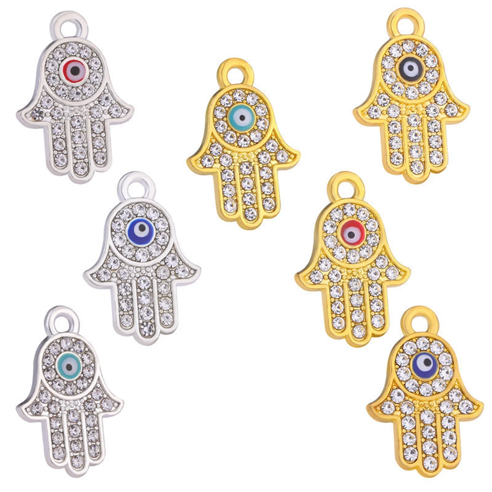 

10 Alloy Rhinestone Hamsa Hand Enamel BLUE EYE Kabbalah Charm Pendants 14X21mm