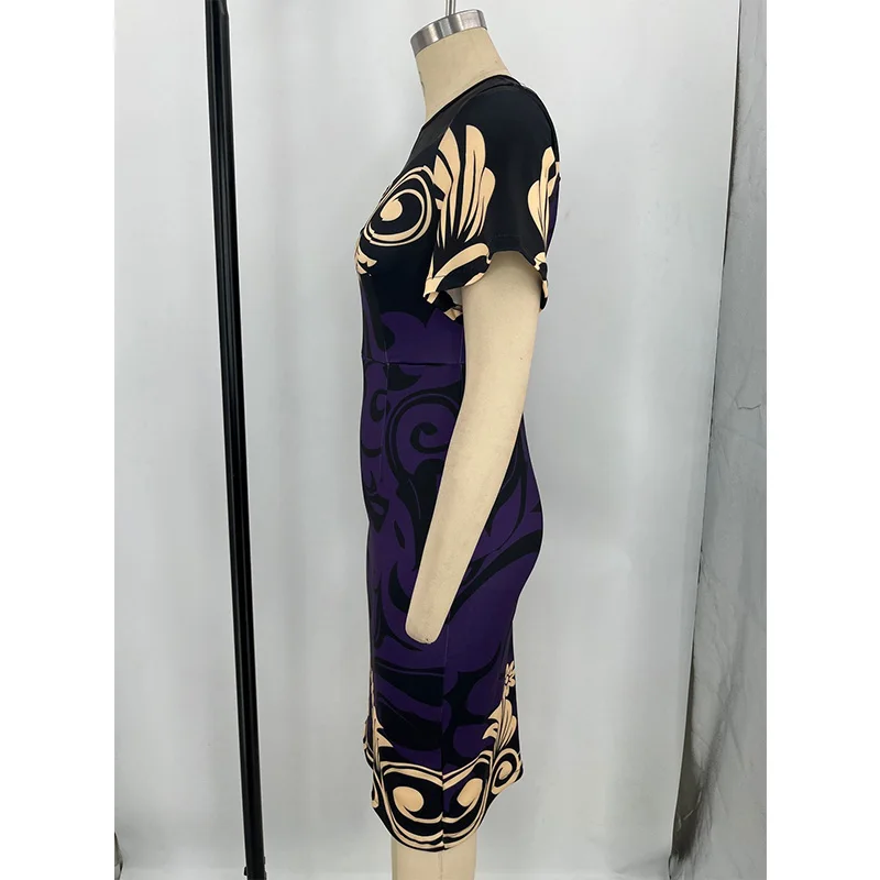 Net Yarn Patchwork O-Neck Geometric Print Short Sleeve Summer Clothes for Women Casual Zipper Plus Size Slim Mini Pencil Dress