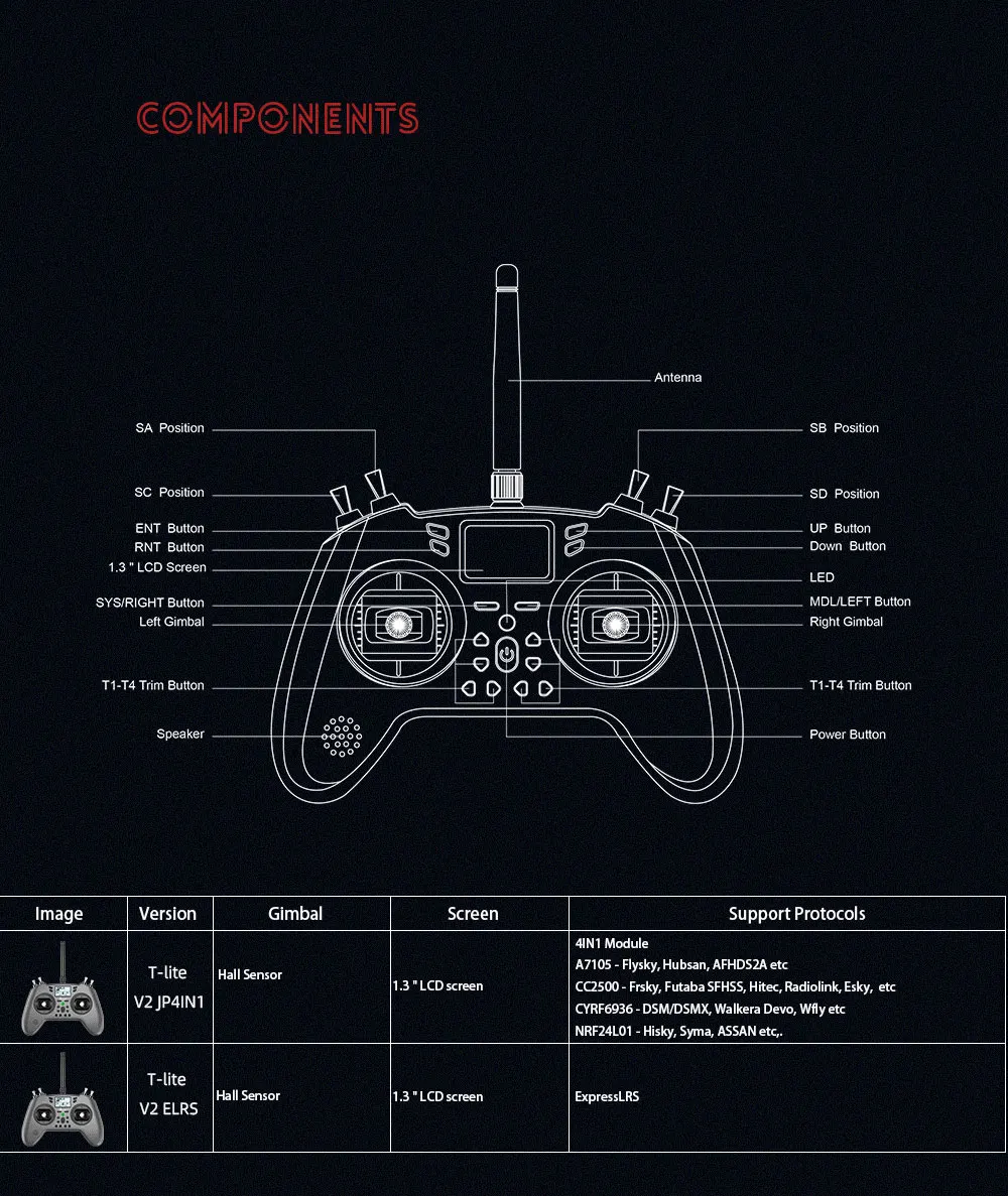 Jumper T-Lite V2 Transmitter, Gimbal Screen Support Protocols 4NI Module A7105 Flysky, Hubsan