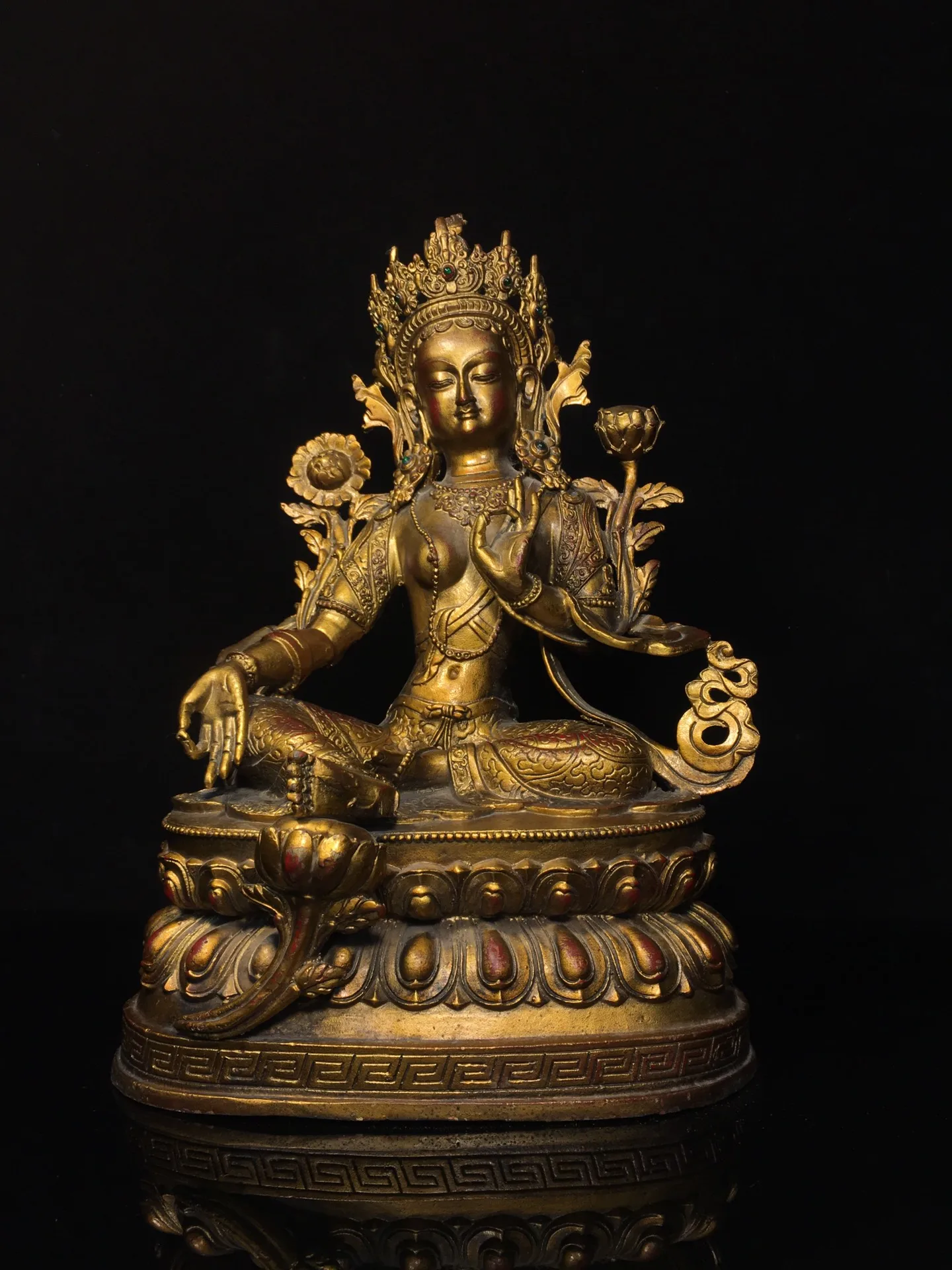 

14"Tibet Temple Collection Old Bronze Cinnabar Mud gold Green Tara Sitting Buddha Lotus Platform Worship Hall Town house