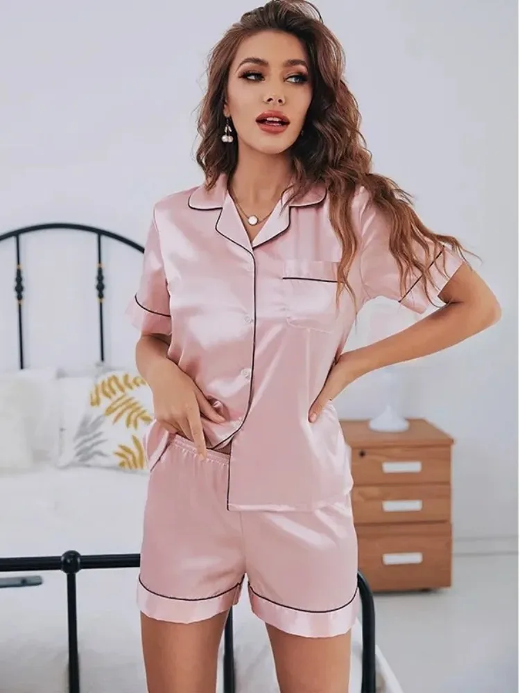 Summer Pijamas Sets Women Sleepwear Silk Satin Button-Down Short Sleeve Tops and Shorts Two-piece Loungewear