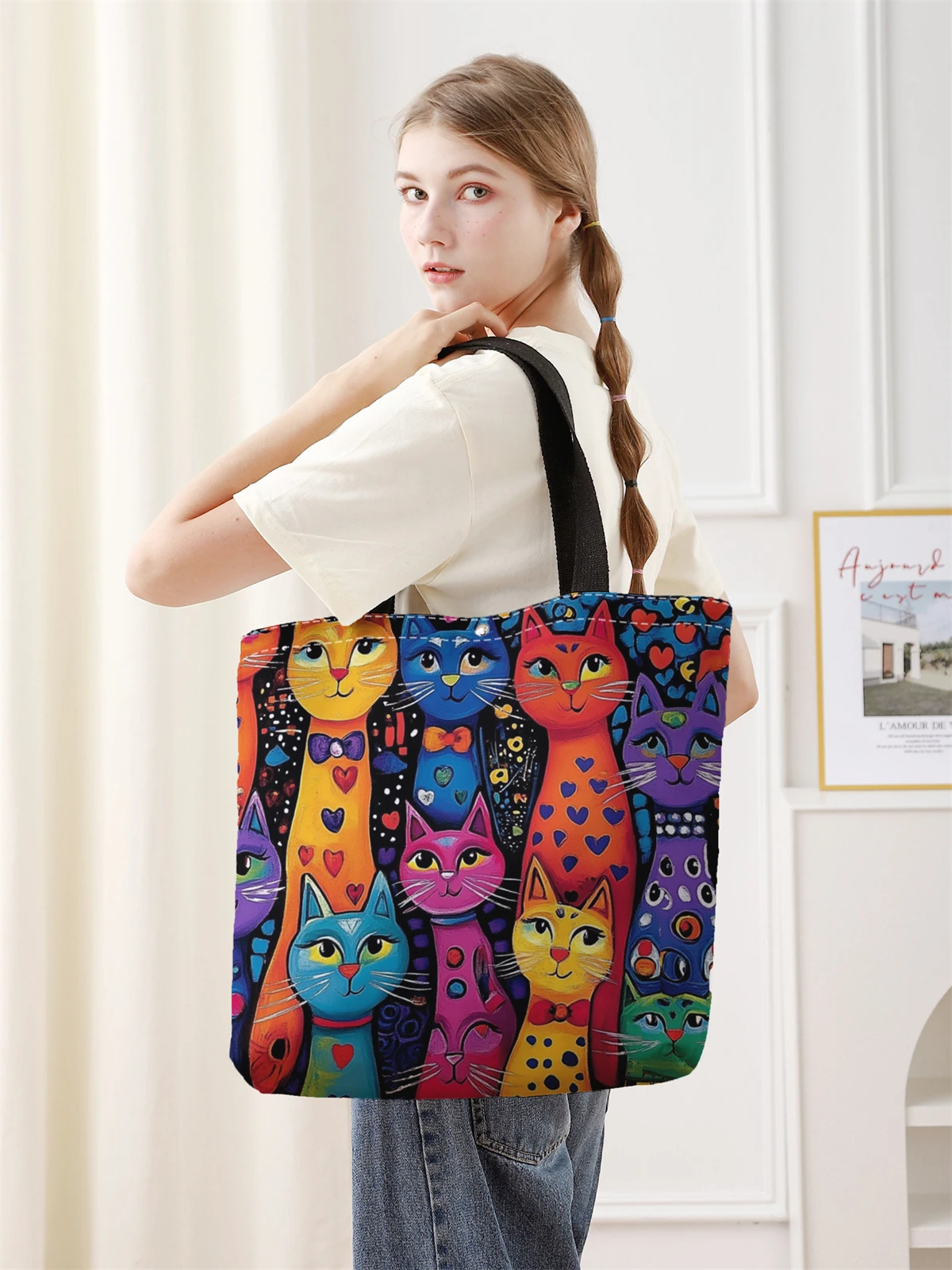 1pc， Tiger pattern handbag, reusable fashionable handbag, multifunctional handbag, printed canvas shopping bag