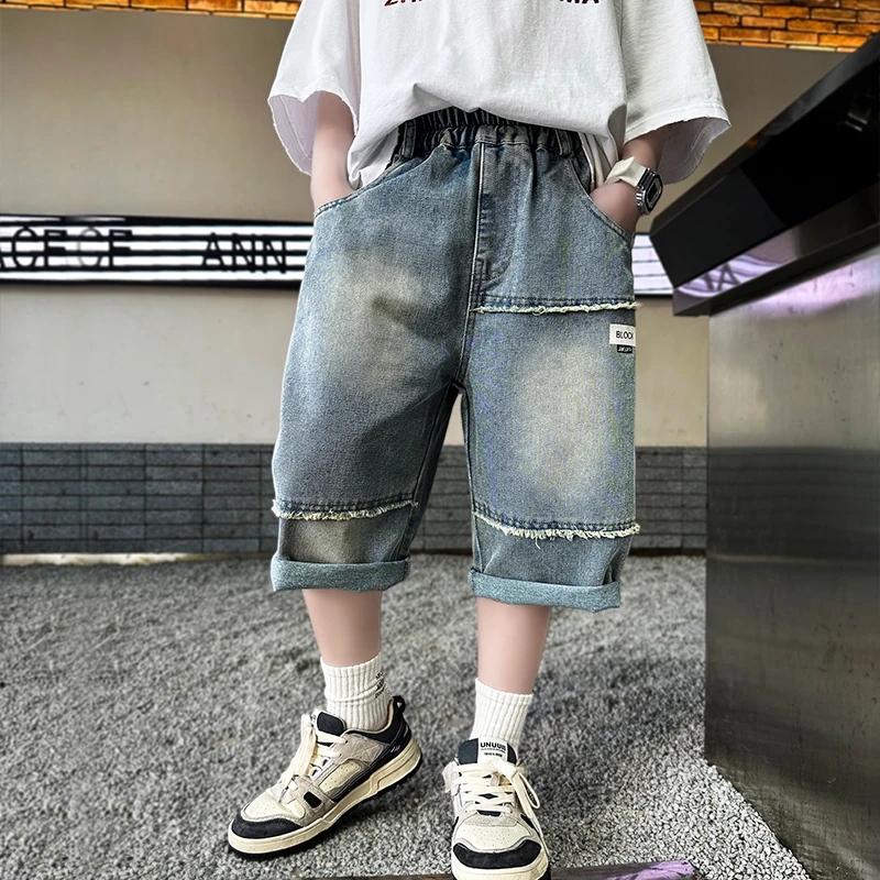 Brief Style Children Summer Shorts For Boys Solid Color Patchwork Denim Shorts Jeans Kids Teenager Casual Capris Pants 5 to 14 Y