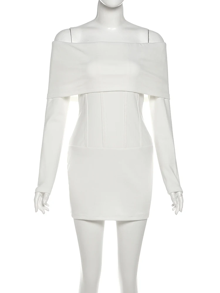 Nibber Off Shoulder Dress Women Sexy Patchwork Full Sleeve Elegant Fashion High Stretch Skinny Prom Party Peach Hip Mini Bodycon