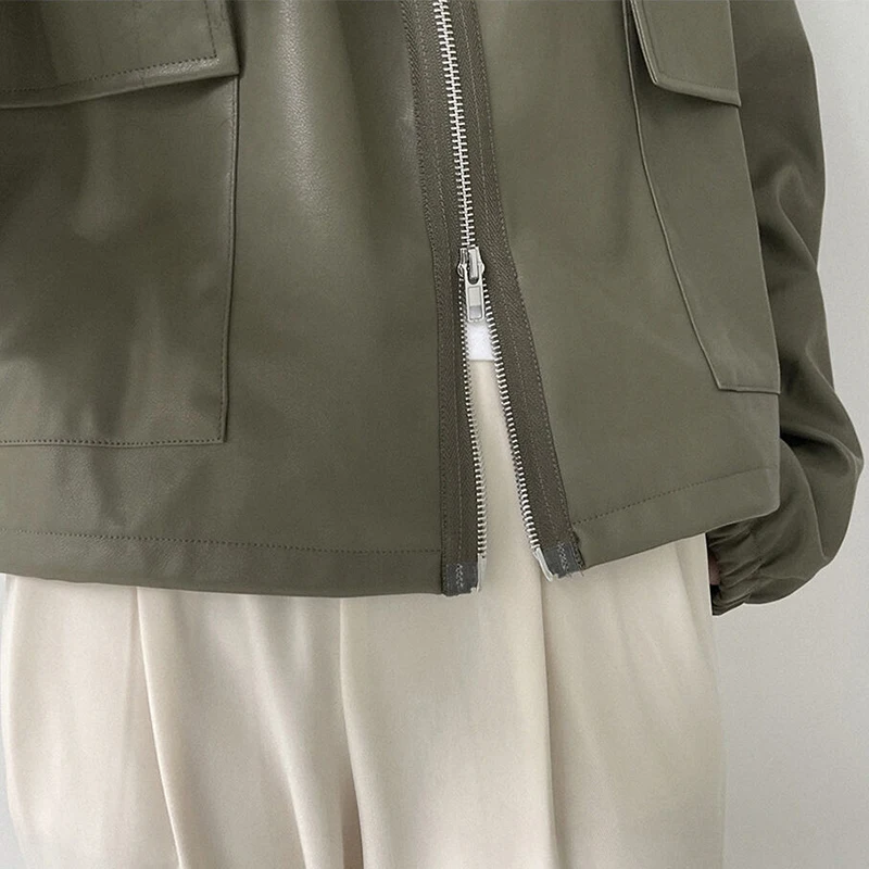 Faux Leather Women's Jacket Spring Autumn 2024 New Fashion Double Zip-up Coats Simple Solid Casual Motorcycle Leather Jacket