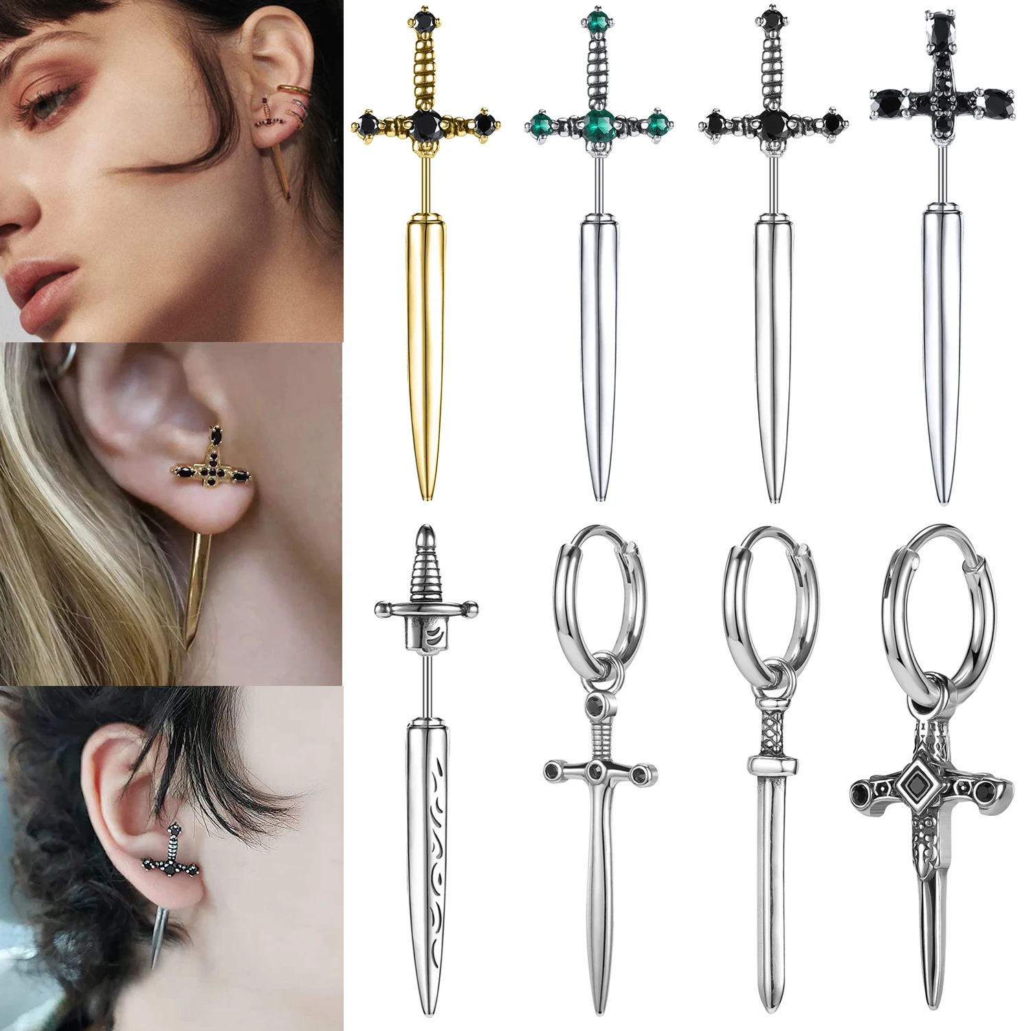 ZS 18G Gothic Sword Earring Stainless Steel Studs Earrings Sword Hoop Piercing Jewelry for Men DNA Boy Zircon Sabre Ear Hoop