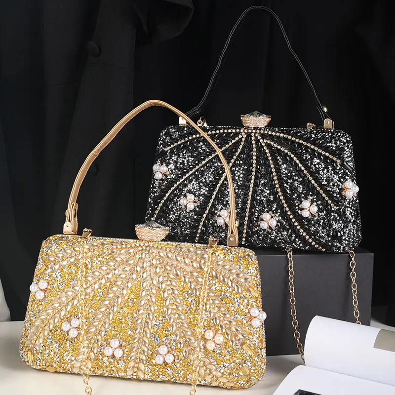Light Luxury Fashion Shining Diamond Metal Frame Clip Pocket Handheld Women's Bag Personalized Temperament Banquet Crossbody Bag