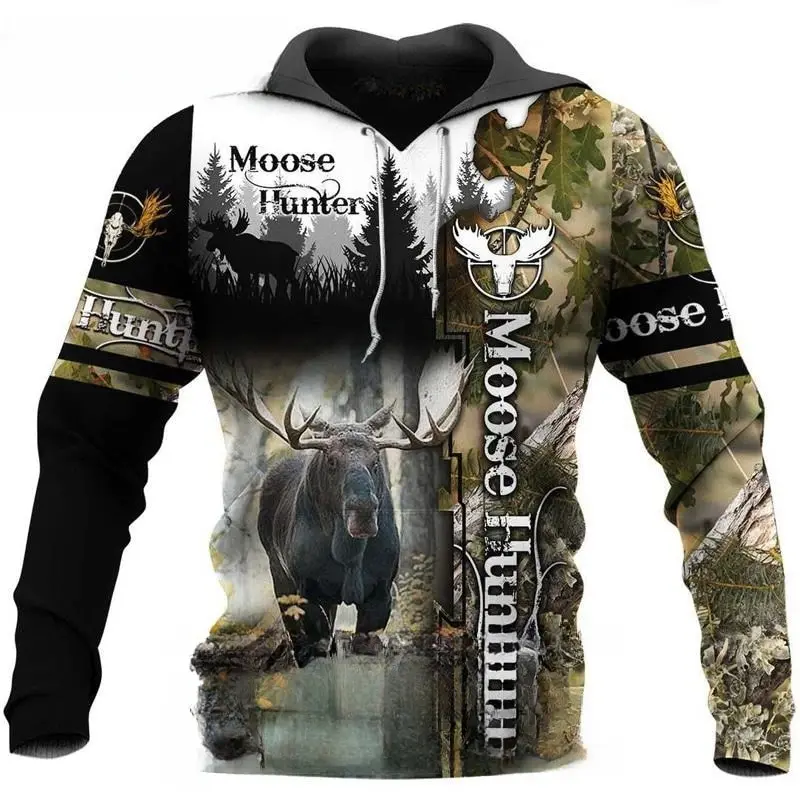thumbnail image 1 of Sudadera con capucha para hombre con estampado 3D de animales de caza de ciervos y cazadores, jersey de manga larga de camuflaje a la moda para exteriores, 1 of 5