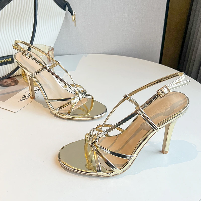 gold strappy dress shoes BERLIN PLATINO GOLD PLAT MET / 8 / M
