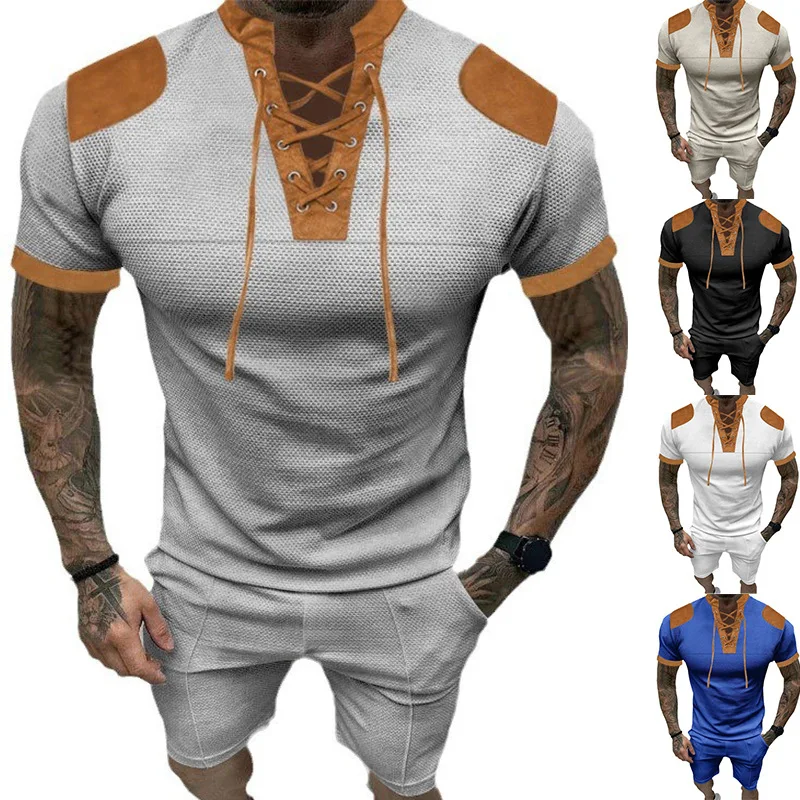 

European and American Casual Sports Set, Men's Summer 2024 New Short Sleeved Shorts, Men's Color Blocking Waffle Suit