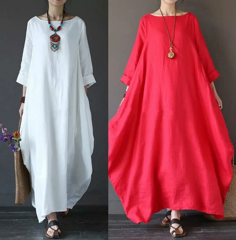 Women Dress Linen Shirt Tunic Pullover Blouse