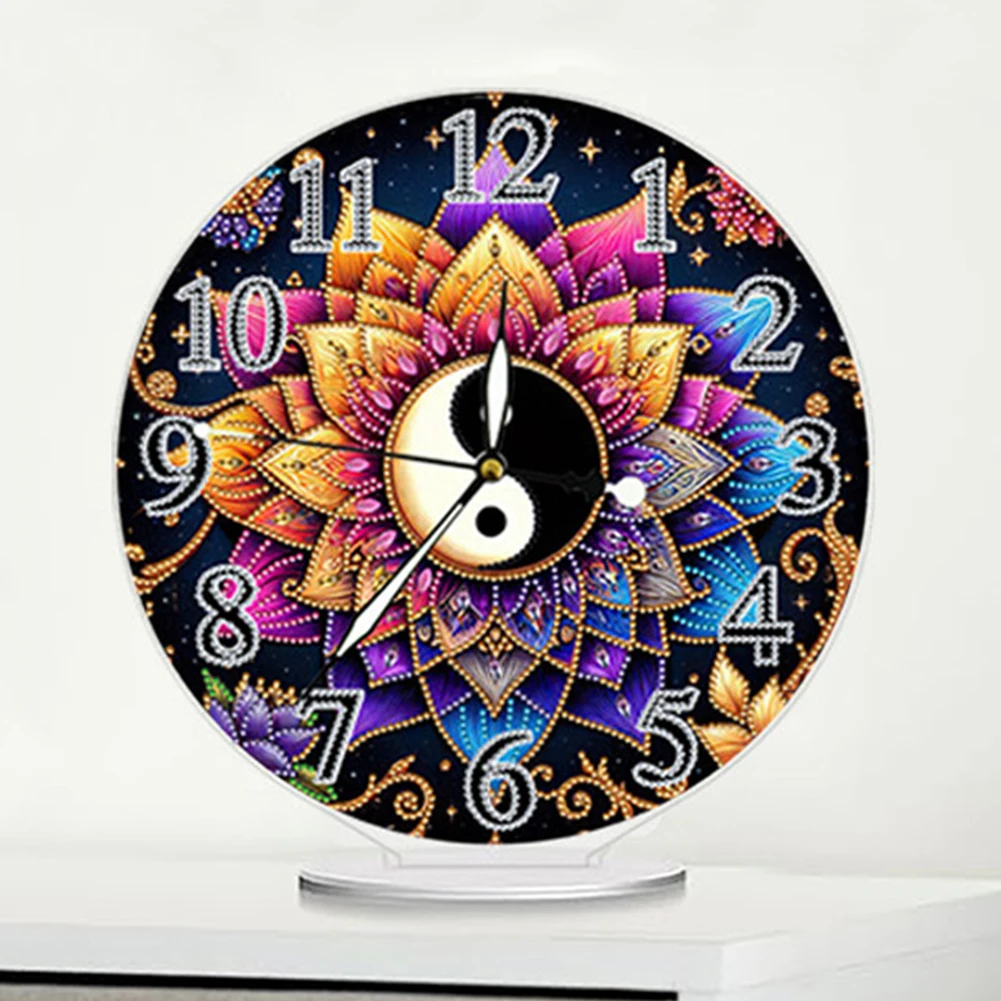 Yin Yang Lotus 2D Flat Acrylic DIY Diamond Painting Clock Kit Diamond Art Clock
