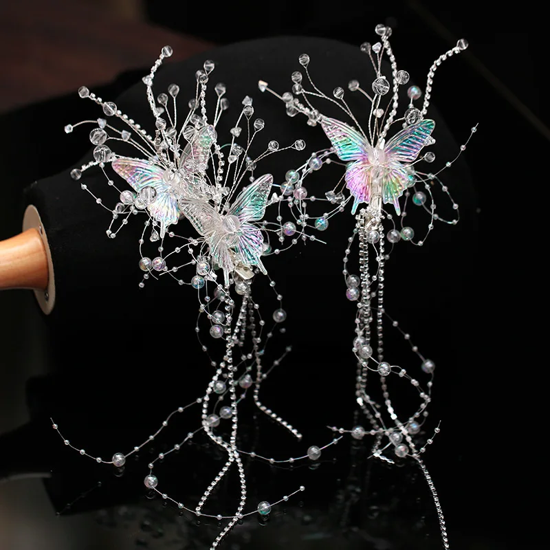 Crystal Bridal Tiara Hairgrips For Women Bride Princess Butterfly Tassel Barrettes Wedding Hair Accessories