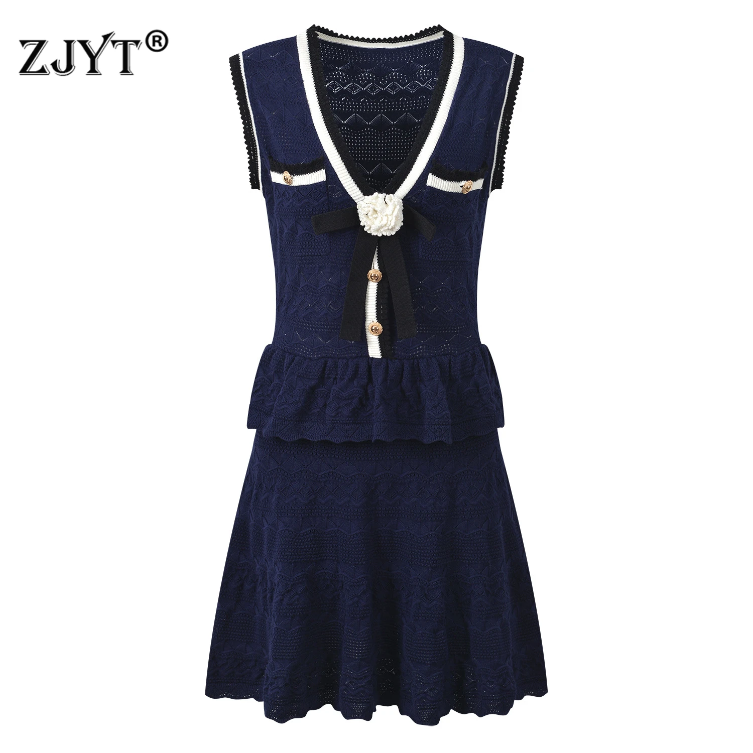 ZJYT Summer Women's Mini Dress Knitted Fashion 2026 New Sleeveless Ruffles Patchwork Short Casual Party Dresses Female White 1